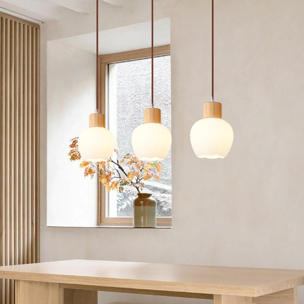 3-Light Cylinder Ribbed Wooden Modern Island Light Image - 3