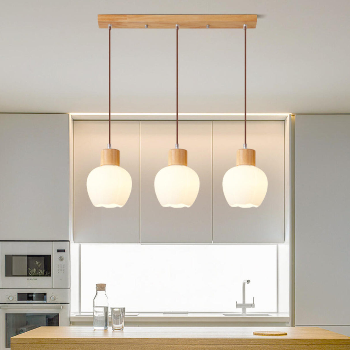 3-Light Cylinder Ribbed Wooden Modern Island Light Image - 4