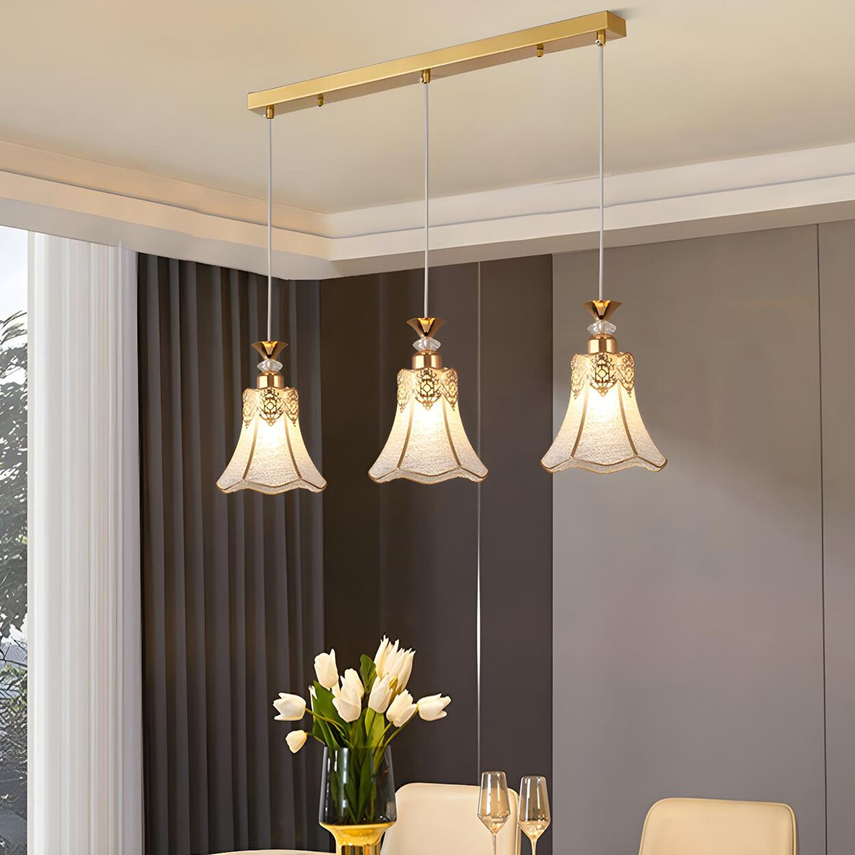 3-Light Elegant Gold Bell Metal Island Pendant Light Image - 3