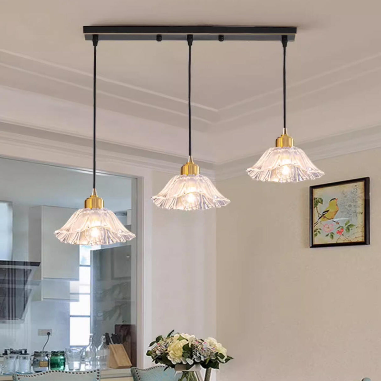 3-Light Elegant Petal Glass Gold Island Pendant Light Image - 12