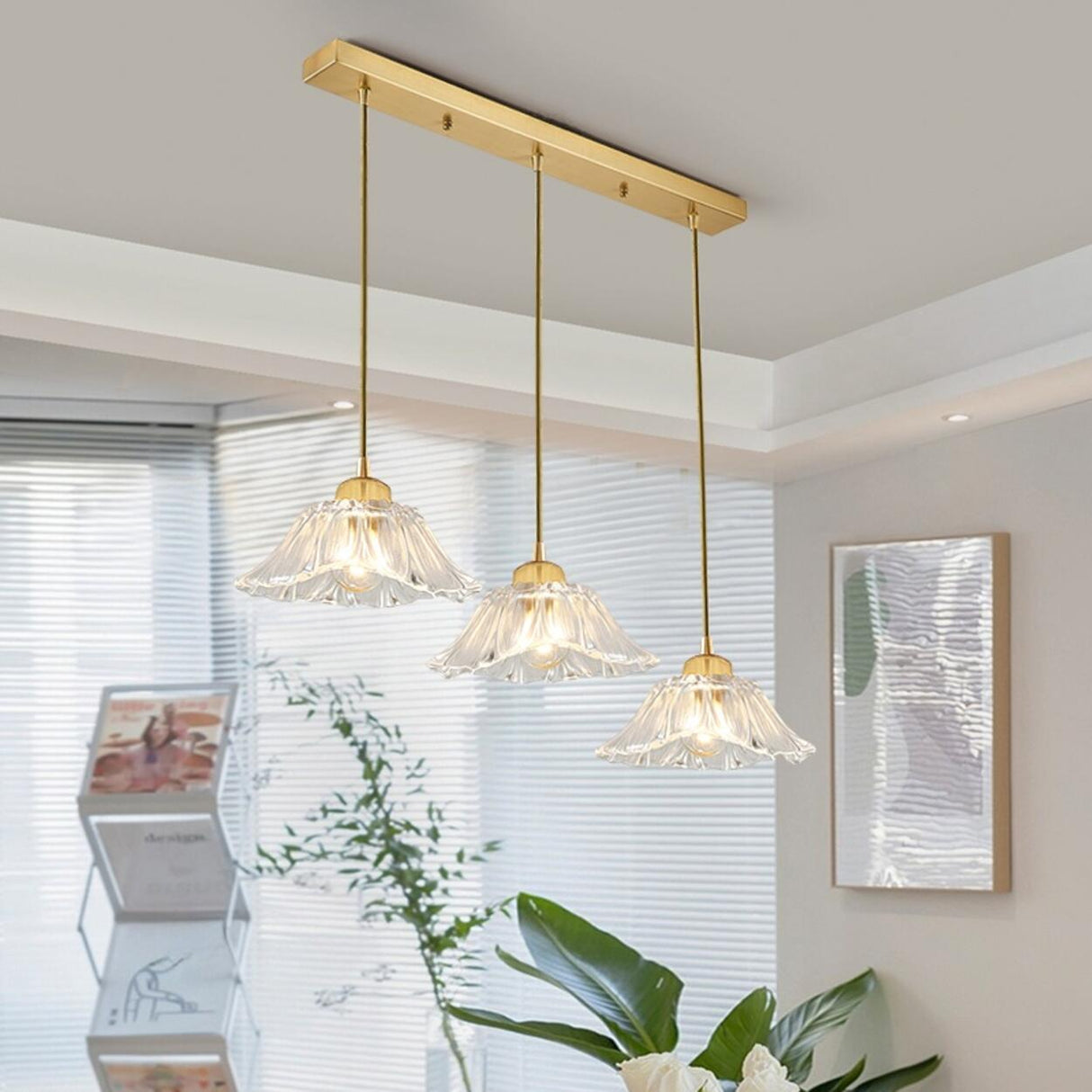 3-Light Elegant Petal Glass Gold Island Pendant Light Image - 4