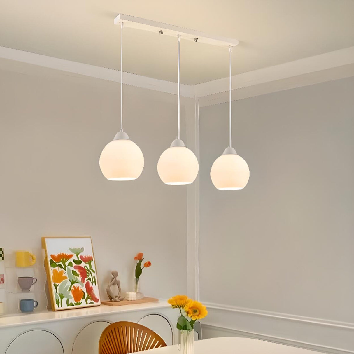 3-Light Floral Frosted Glass Island Pendant Light Image - 2