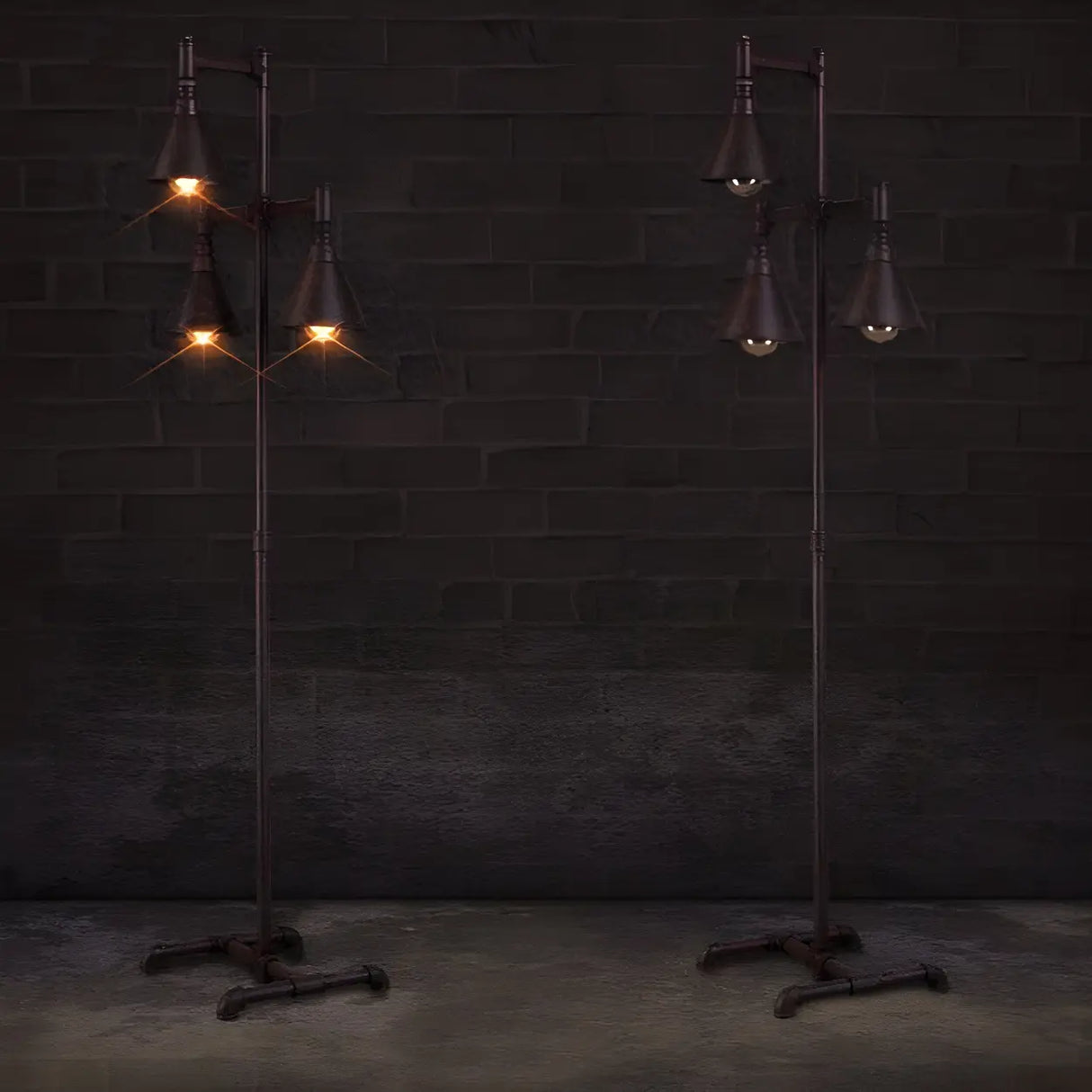 3-Light Industrial Iron Black Conical LED Floor Lamp Image - 3