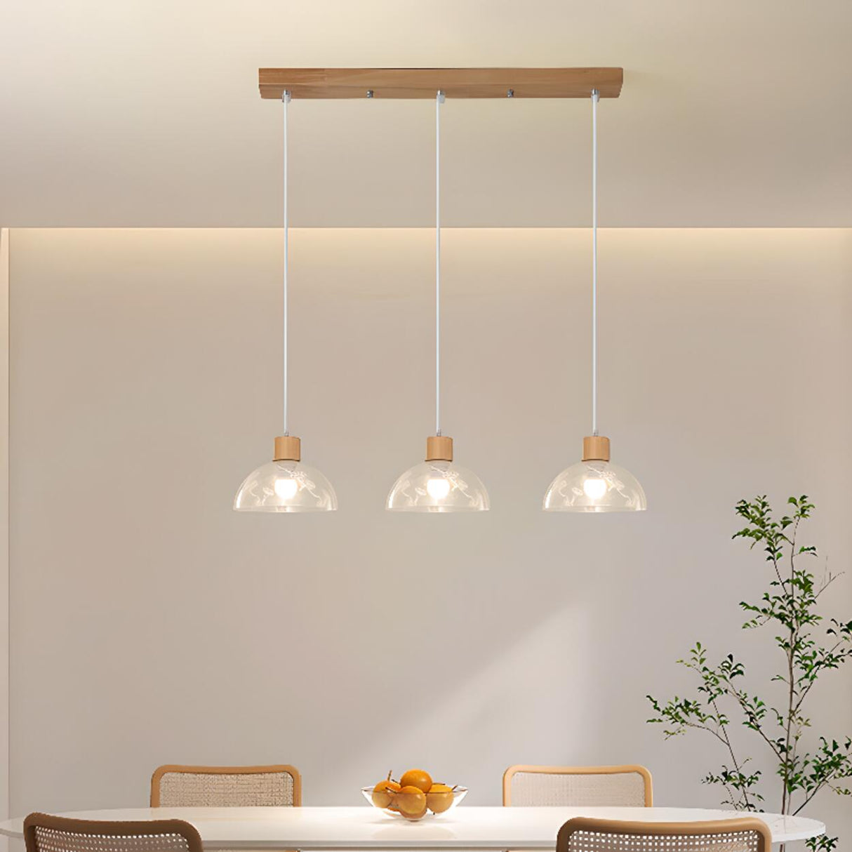 3-Light Modern Glass Dome Wood Island Ceiling Light Image - 1