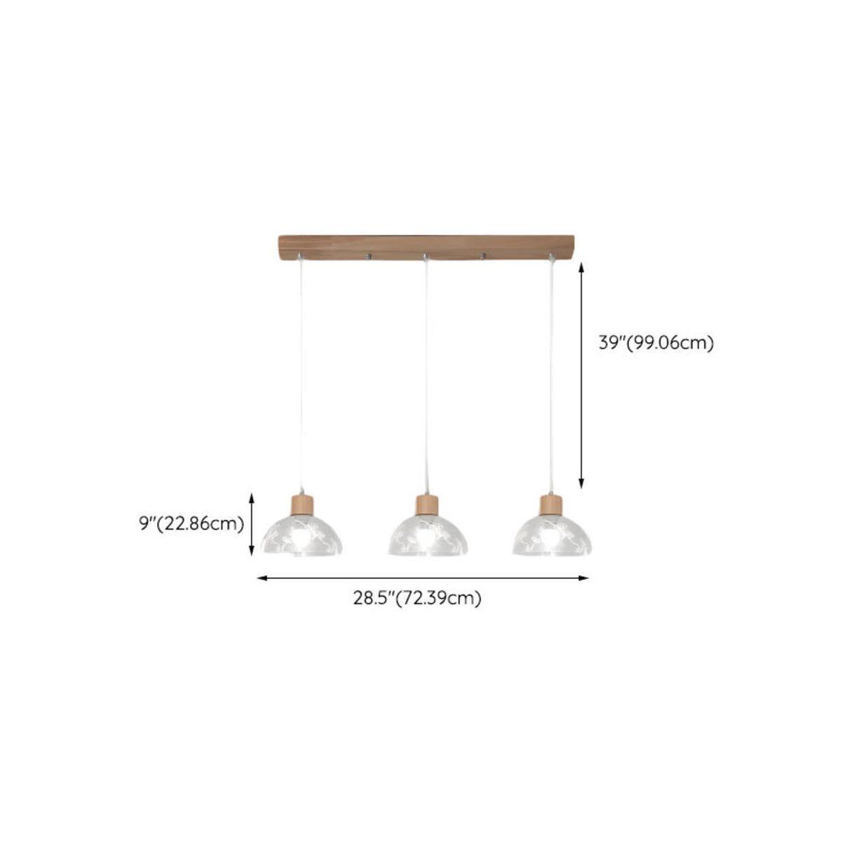 3-Light Modern Glass Dome Wood Island Ceiling Light 