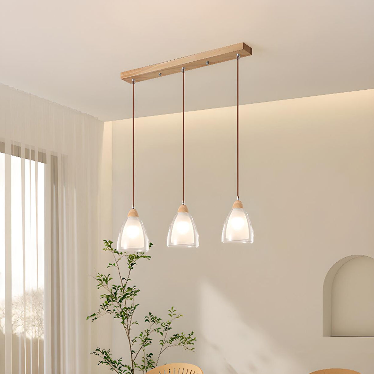 3-Light Modern Glass Dome Wood Island Ceiling Light Image - 4