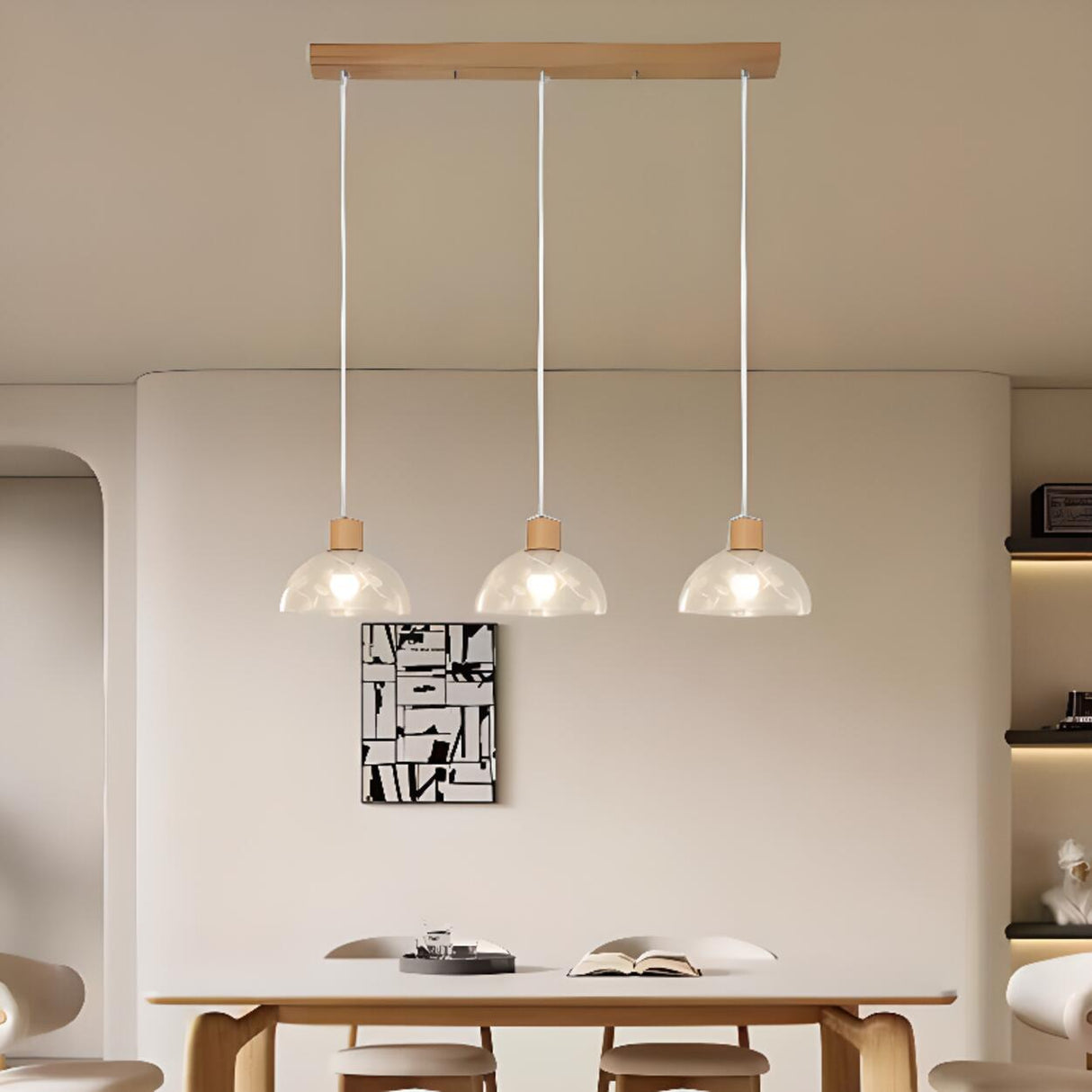 3-Light Modern Glass Dome Wood Island Ceiling Light Image - 5