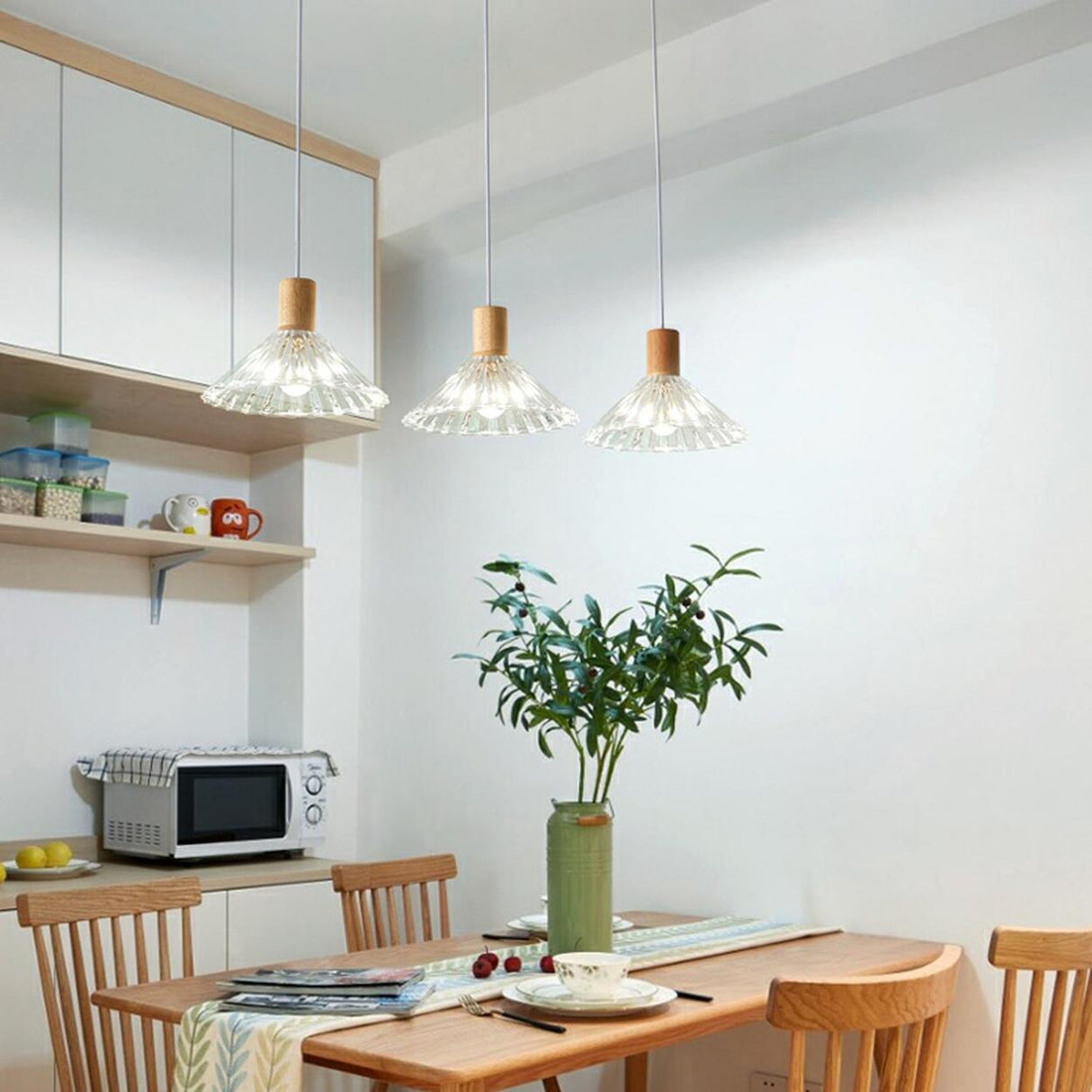 3-Light Modern Wood and Glass Cone LED Island Light Image - 3