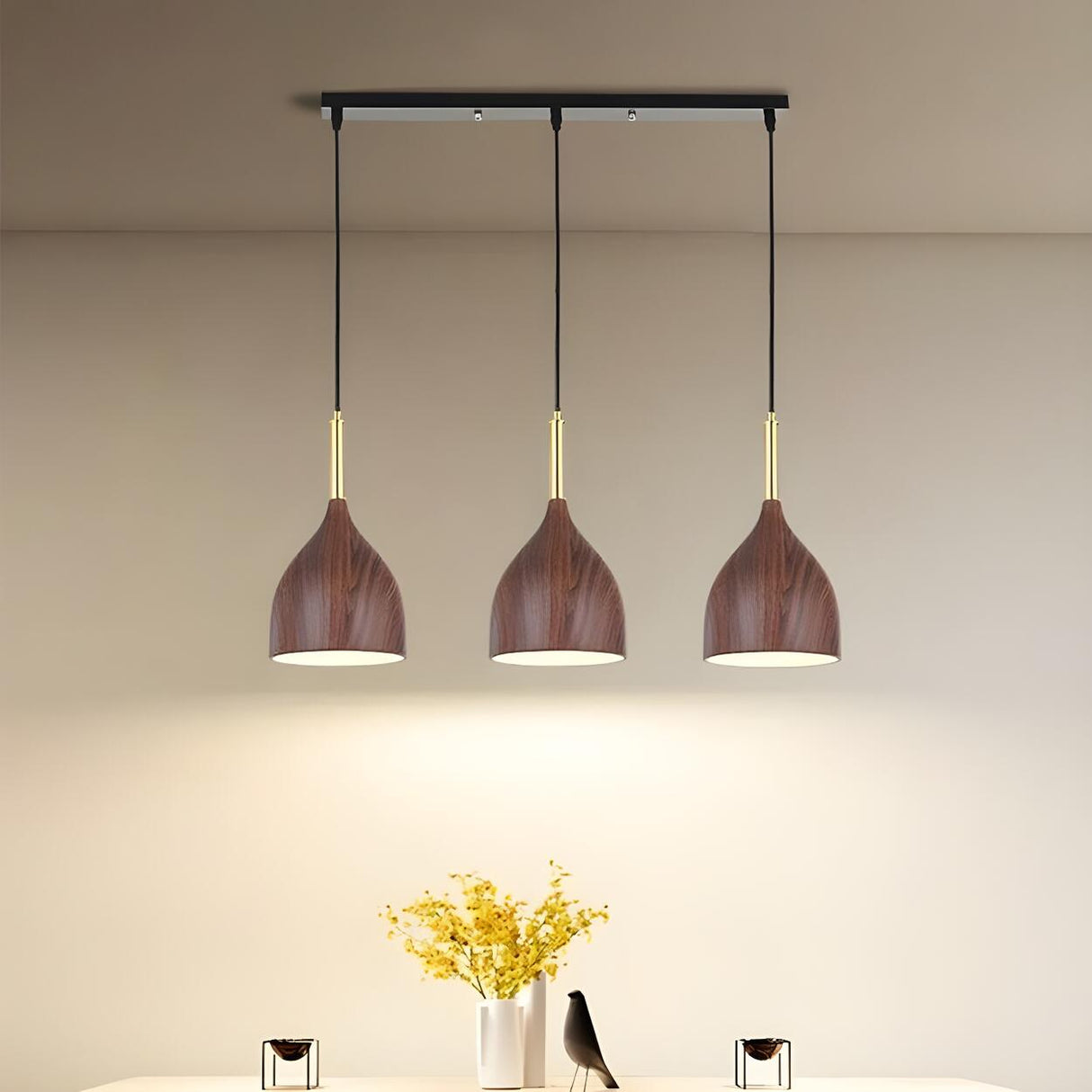 3-Light Modern Wood-color Cone Metal Island Light Image - 8
