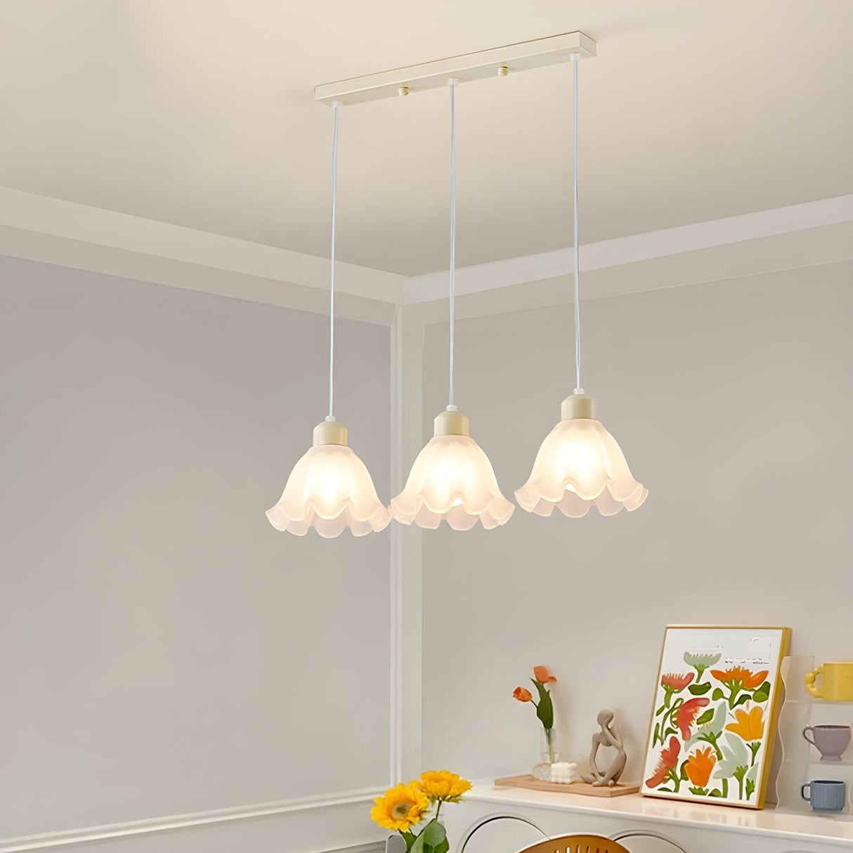3-Light Trendy Beige Flower Island Pendant Light Image - 5