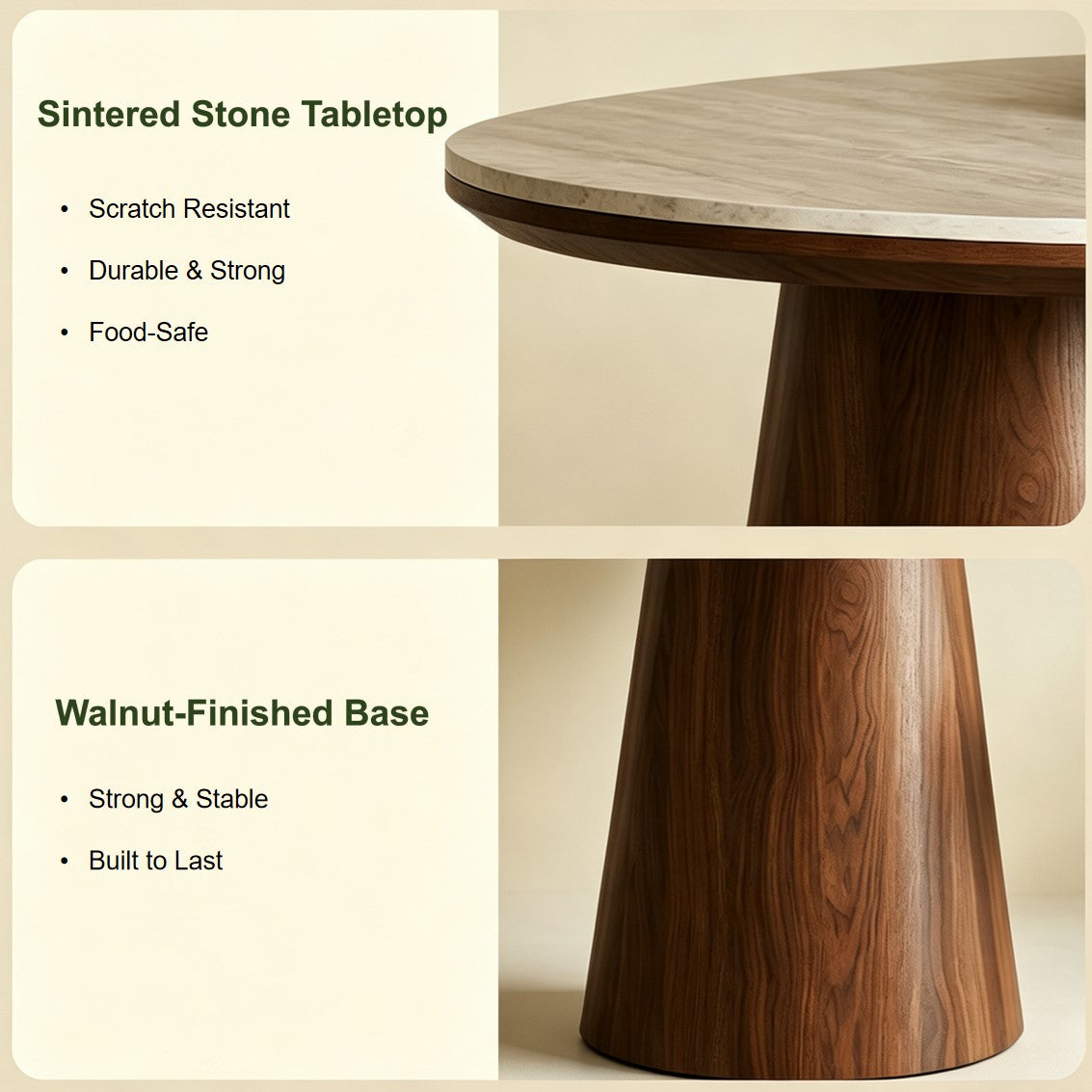 Modern Rustic Wood Pedestal Round Beige Stone Dining Table