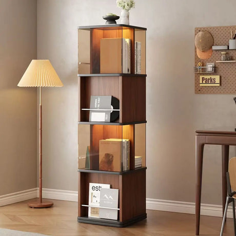 360° Rotating Narrow Bookcase with LED Lighting and Acrylic Panels Image - 1