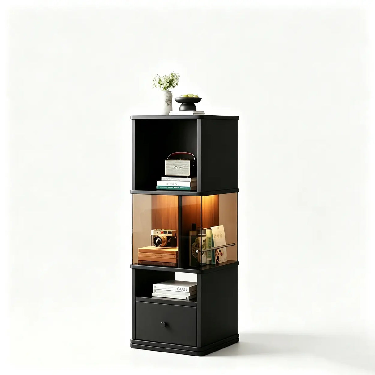 360° Rotating Narrow Bookcase with LED Lighting and Acrylic Panels Image - 11