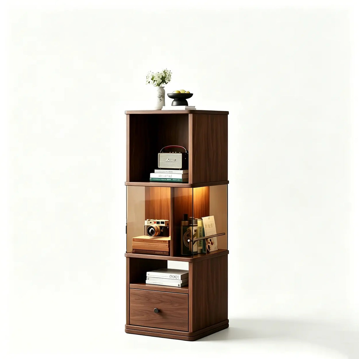 360° Rotating Narrow Bookcase with LED Lighting and Acrylic Panels Image - 12