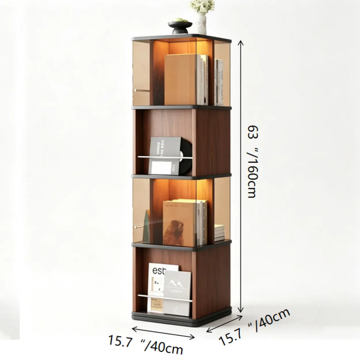 360° Rotating Narrow Bookcase with LED Lighting and Acrylic Panels Image - 14