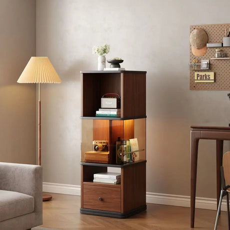 360° Rotating Narrow Bookcase with LED Lighting and Acrylic Panels Image - 2