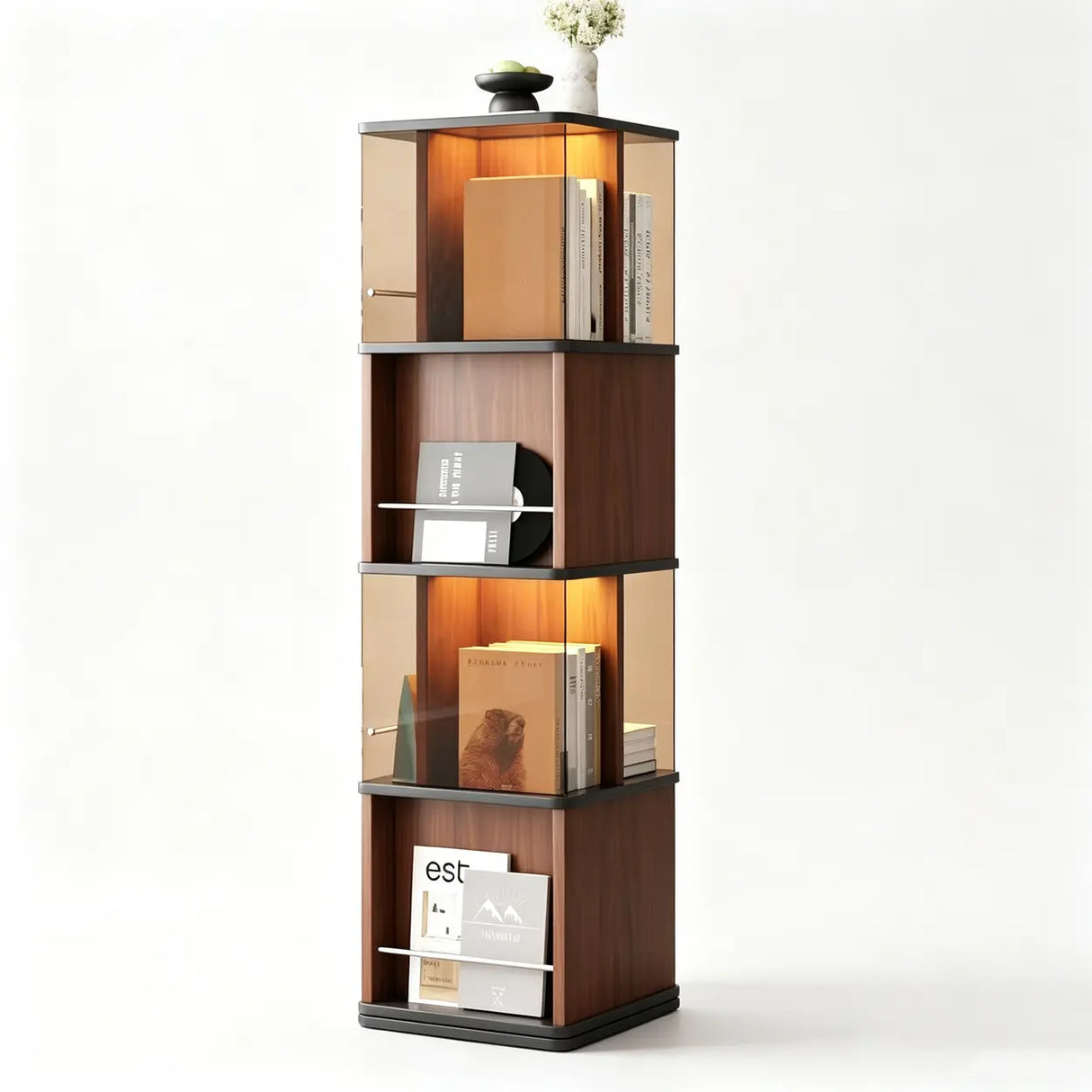 360° Rotating Narrow Bookcase with LED Lighting and Acrylic Panels Image - 3