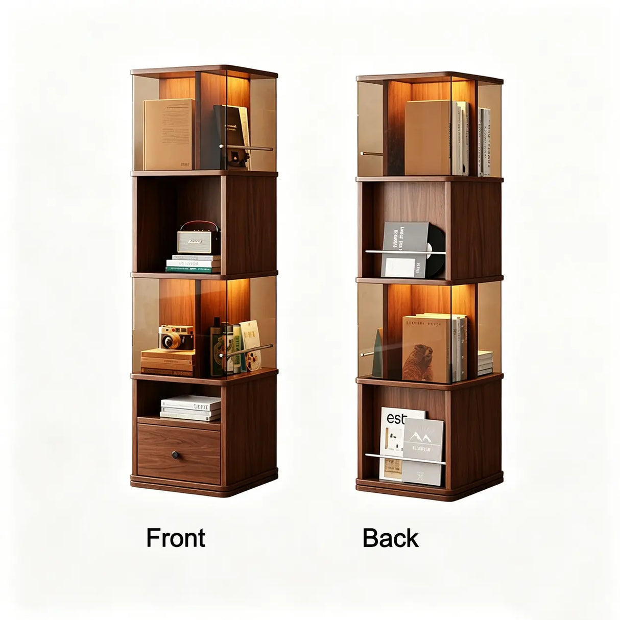 360° Rotating Narrow Bookcase with LED Lighting and Acrylic Panels Image - 5