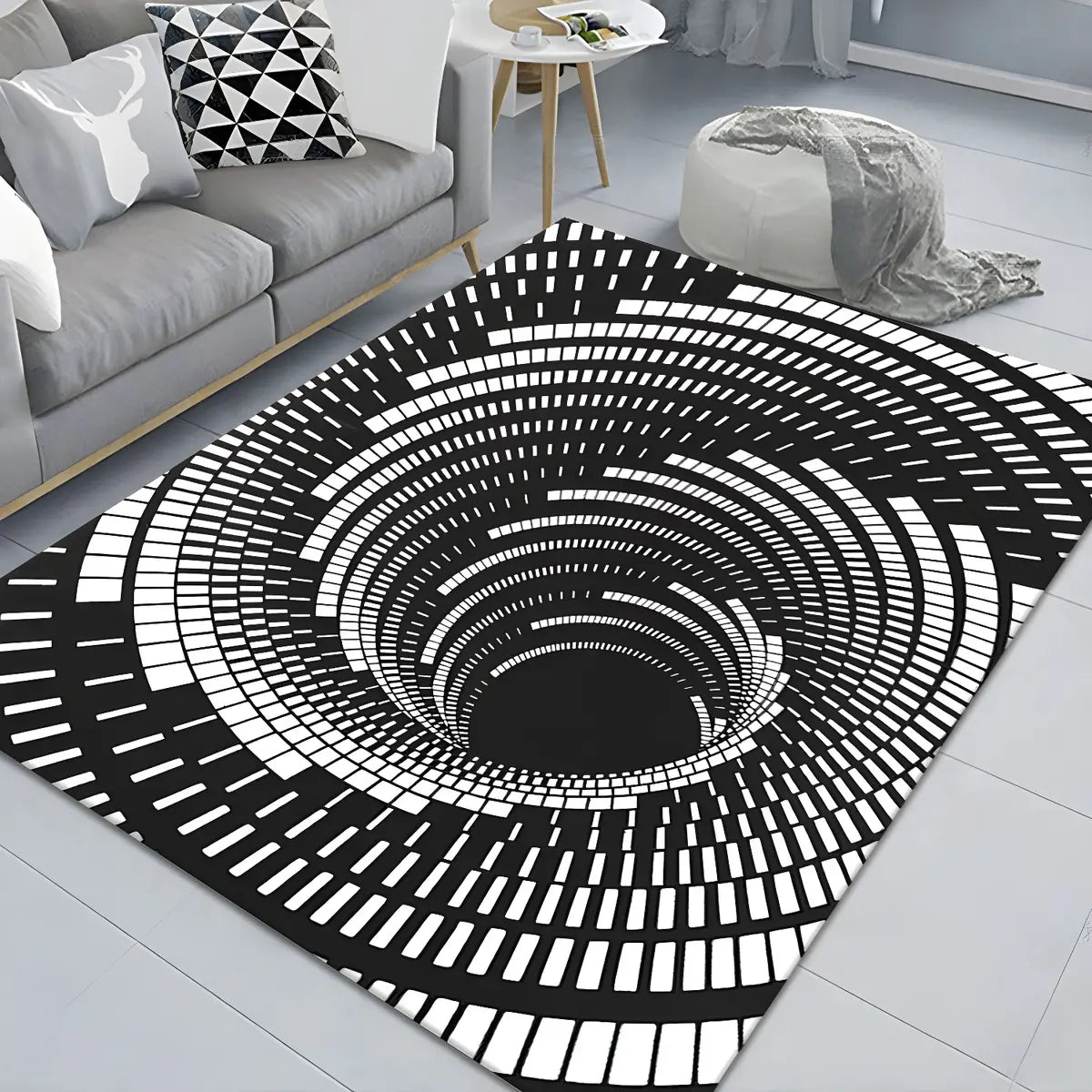 3D Illusion Polyester Black White Rectangle Area Rug Image - 2