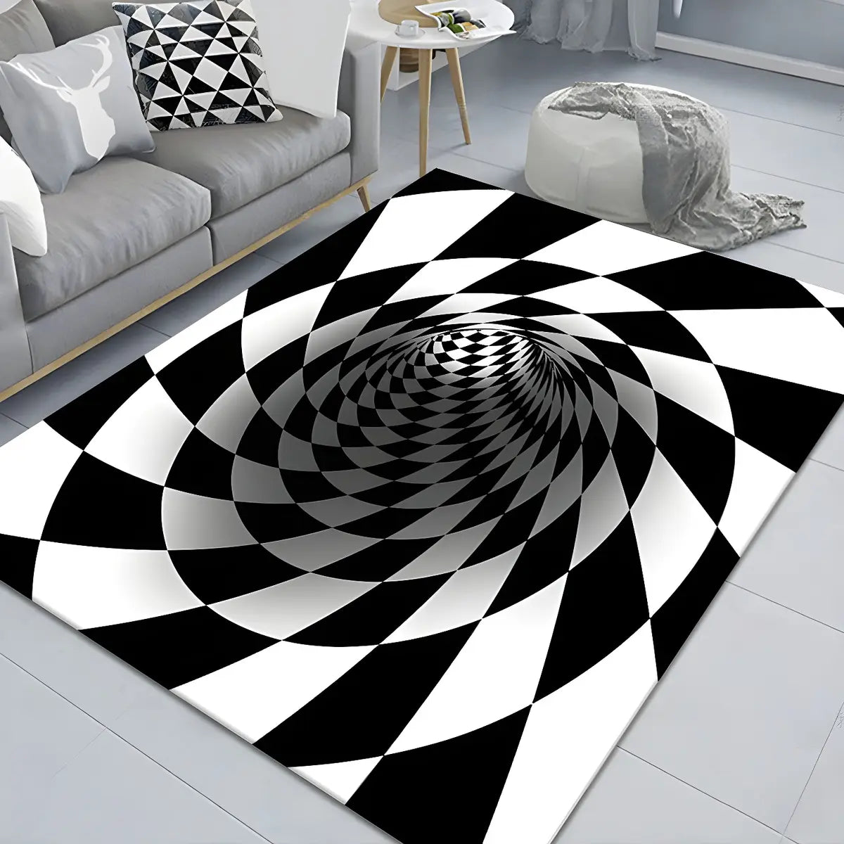 3D Illusion Polyester Black White Rectangle Area Rug Image - 4