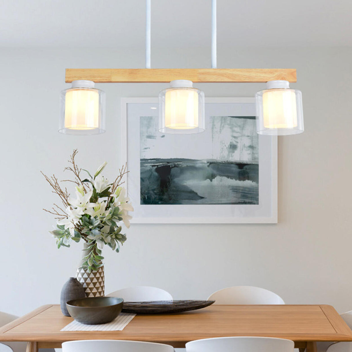 4-Light Minimalist Cylinder Wooden Island Pendant Light Image - 14