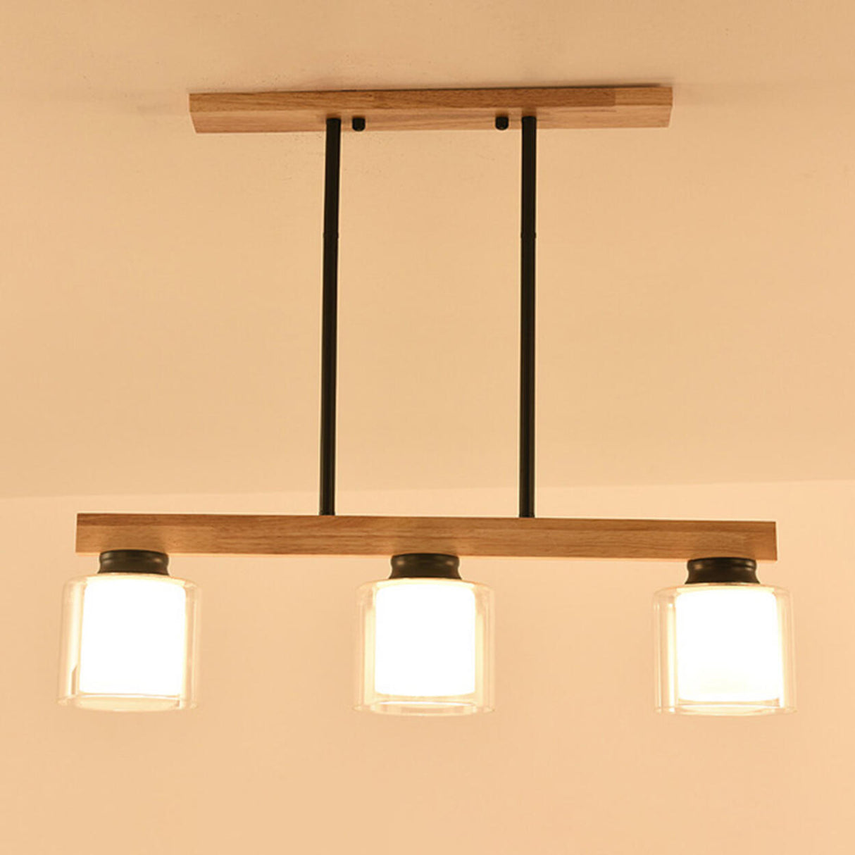 4-Light Minimalist Cylinder Wooden Island Pendant Light Image - 3