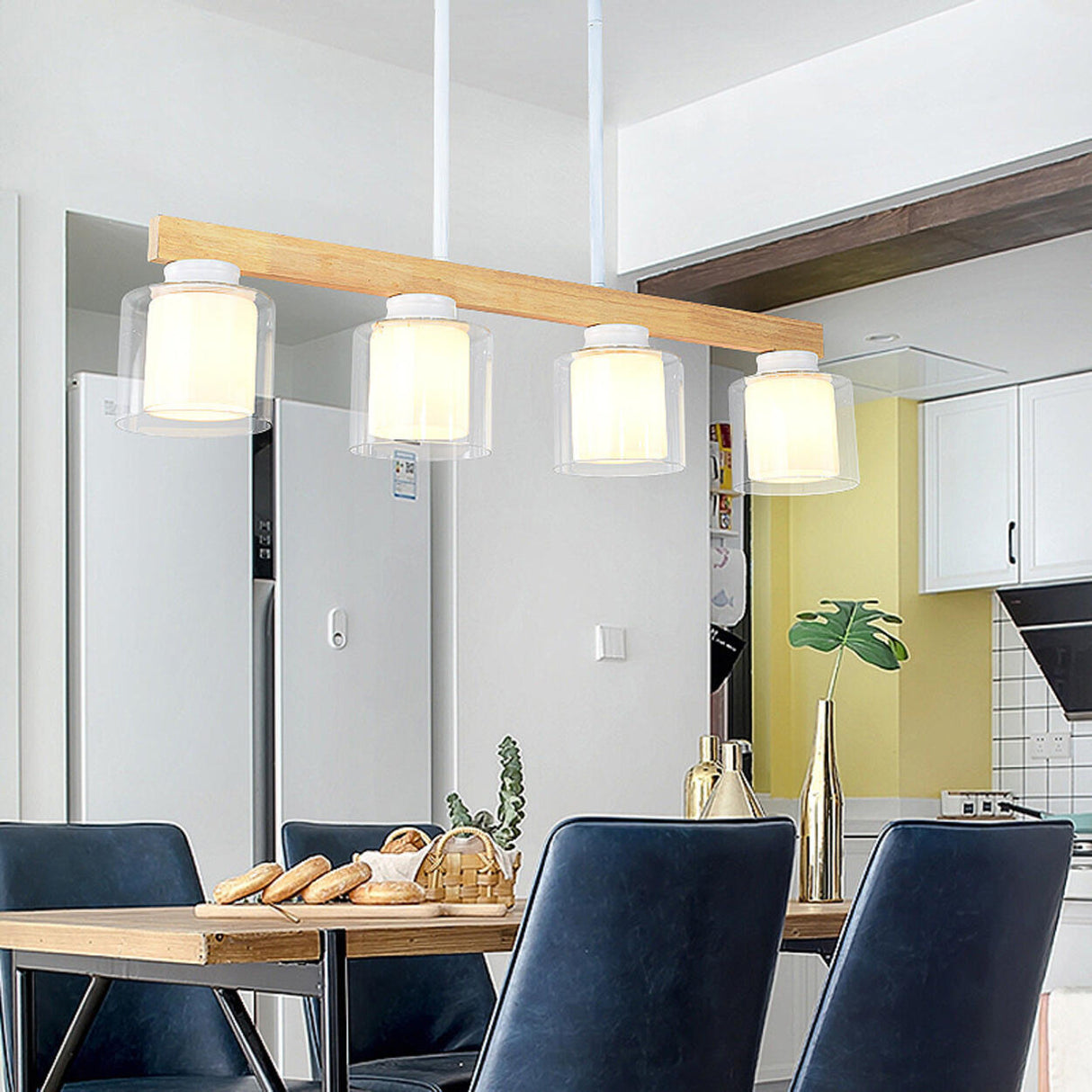 4-Light Minimalist Cylinder Wooden Island Pendant Light Image - 4