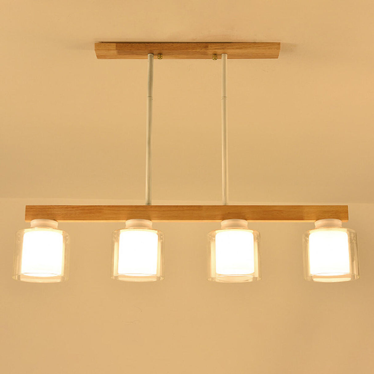 4-Light Minimalist Cylinder Wooden Island Pendant Light Image - 5