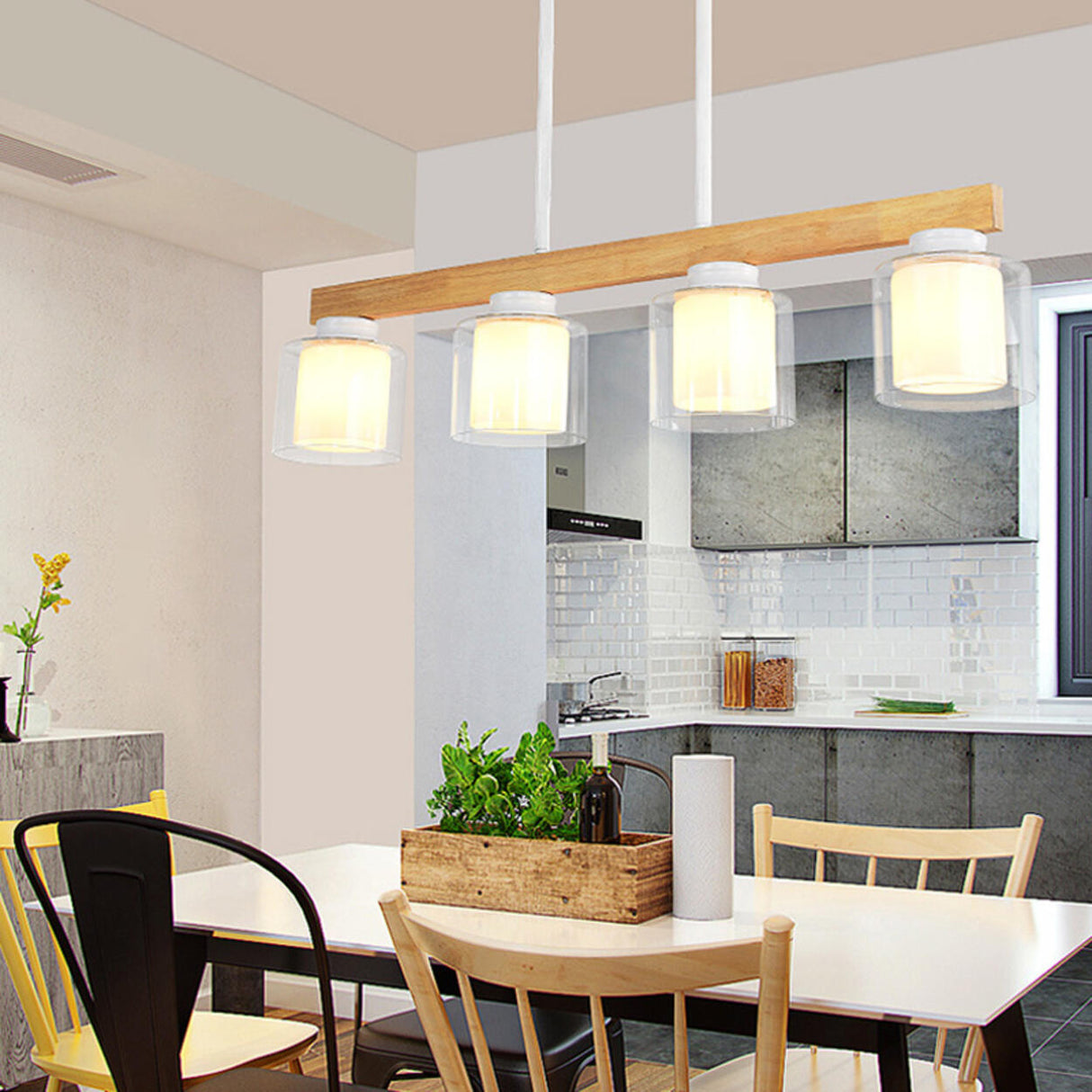 4-Light Minimalist Cylinder Wooden Island Pendant Light Image - 6