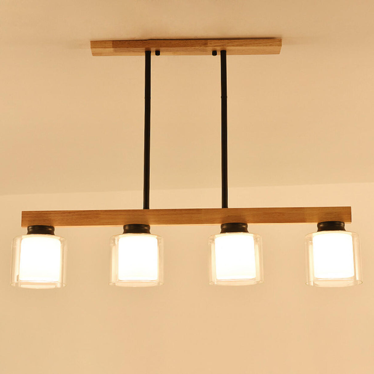 4-Light Minimalist Cylinder Wooden Island Pendant Light Image - 7
