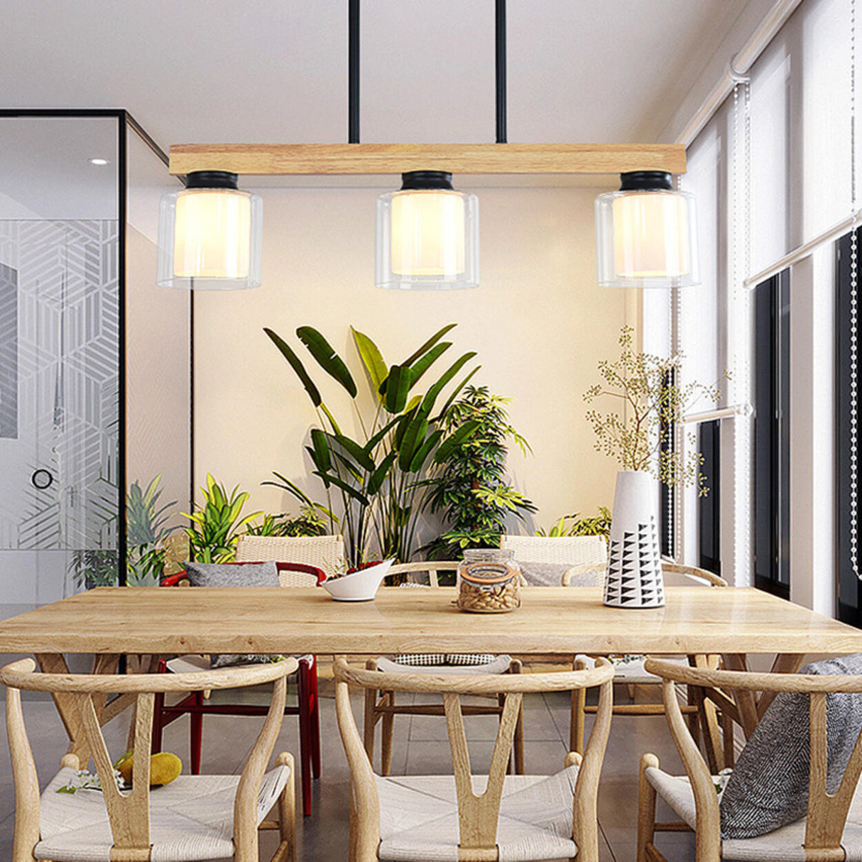 4-Light Minimalist Cylinder Wooden Island Pendant Light Image - 8