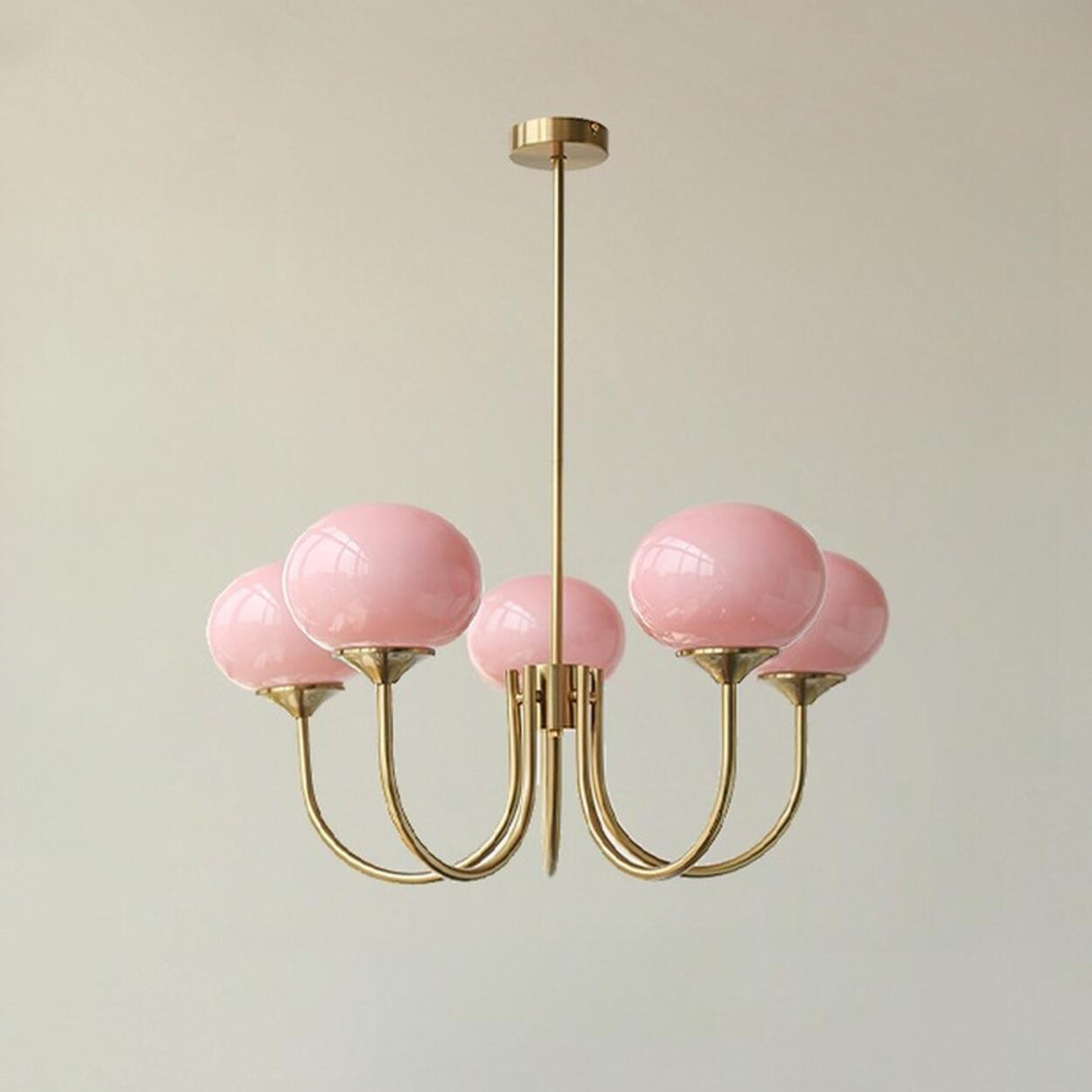 5-Light Modern Brass and Glass Globe Pink Chandelier Image - 13