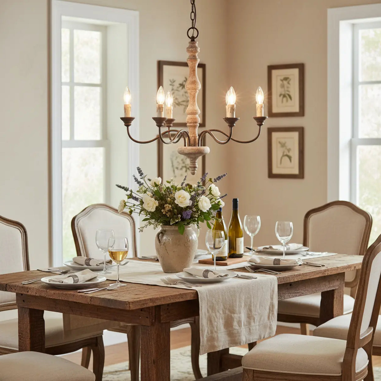 5-Light Natural Wood Candle Chandelier with Metal Arms Image - 1