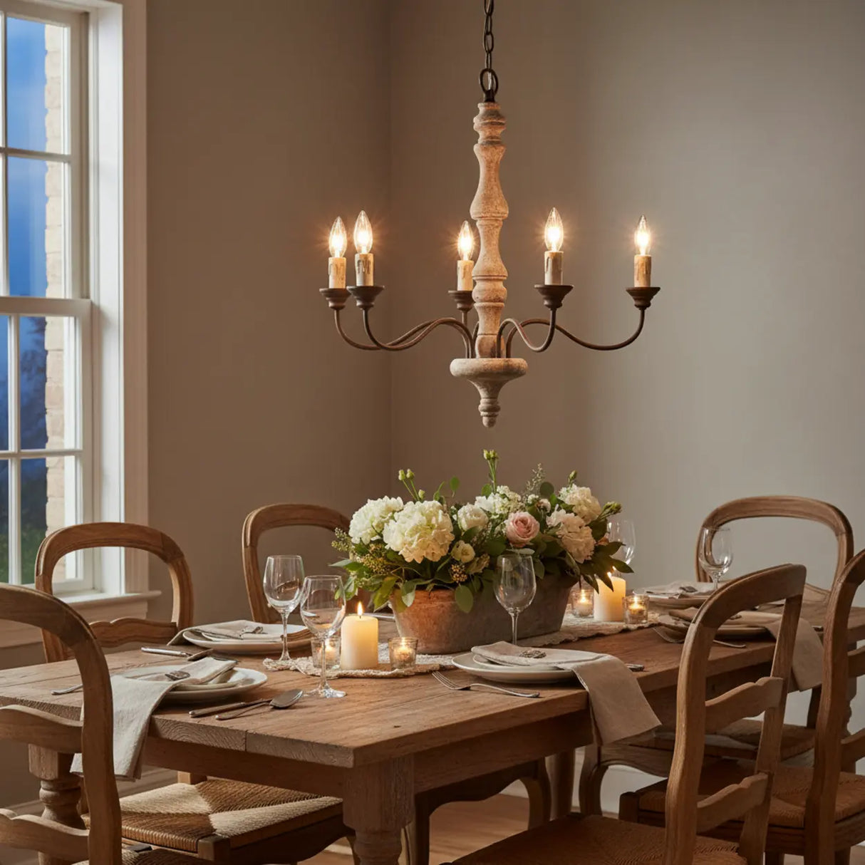 5-Light Natural Wood Candle Chandelier with Metal Arms Image - 2