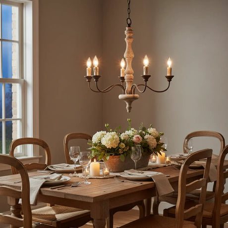 5-Light Natural Wood Candle Chandelier with Metal Arms Image - 2