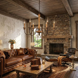 5-Light Natural Wood Candle Chandelier with Metal Arms Image - 4