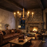 5-Light Natural Wood Candle Chandelier with Metal Arms Image - 5