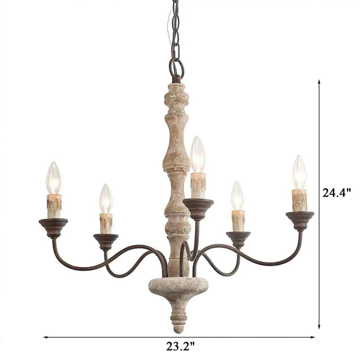 5-Light Natural Wood Candle Chandelier with Metal Arms 