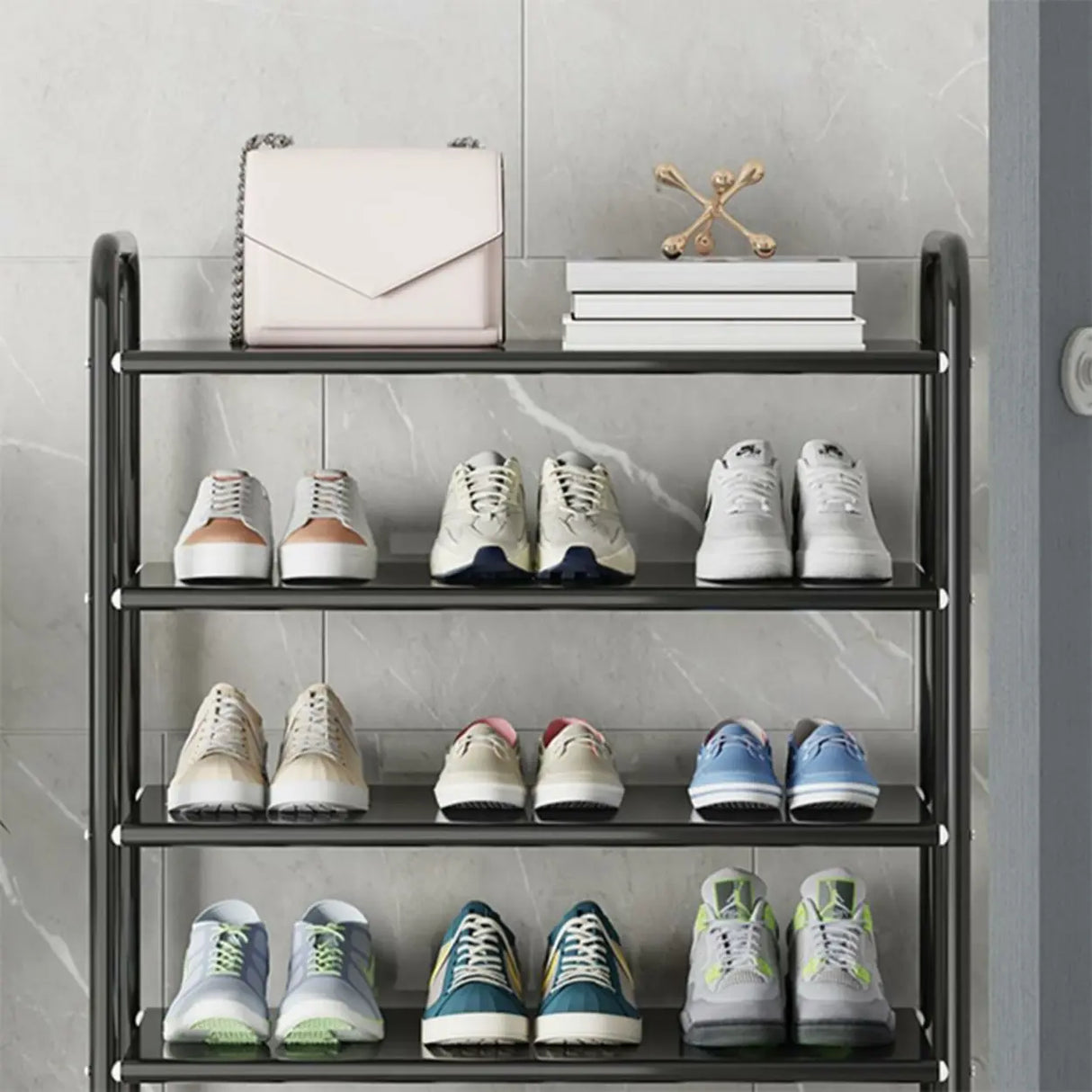 5-Tier Adjustable Shelves Metal Floor Black Large Shoe Rack Image - 12
