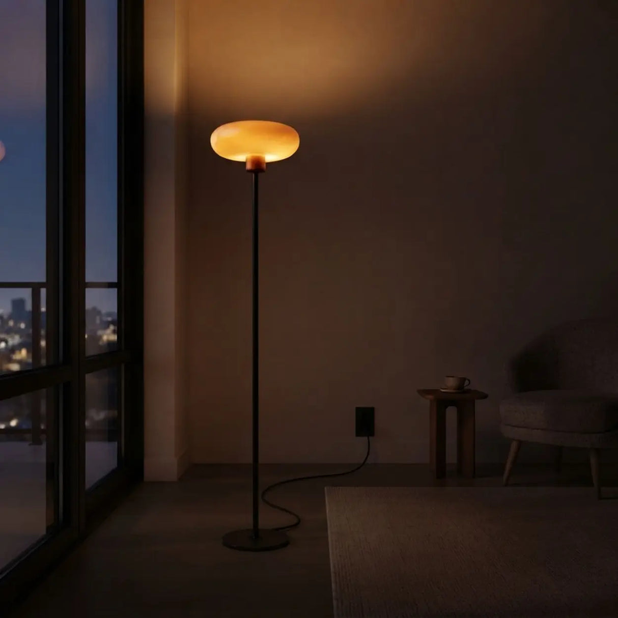 75-Inch Black Metal LED Floor Lamp with Amber Glass Shade Image - 2