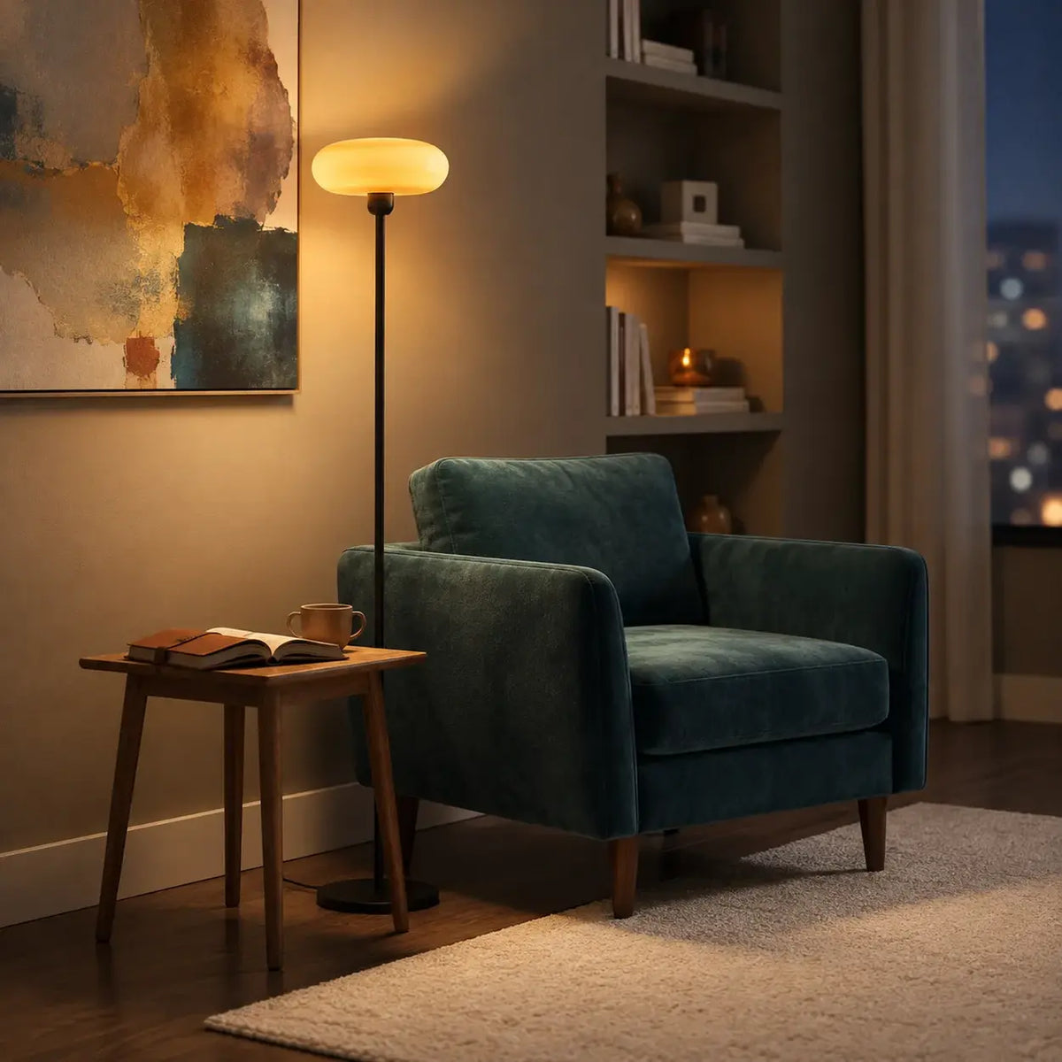 65-Inch Black Metal LED Floor Lamp with Amber Glass Shade Image - 7