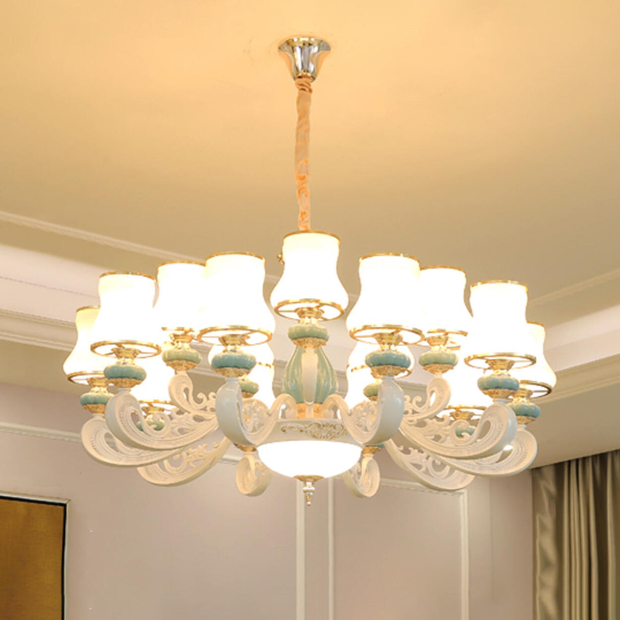 8-Light Elegant Vintage Blue Porcelain Chandelier Image - 11