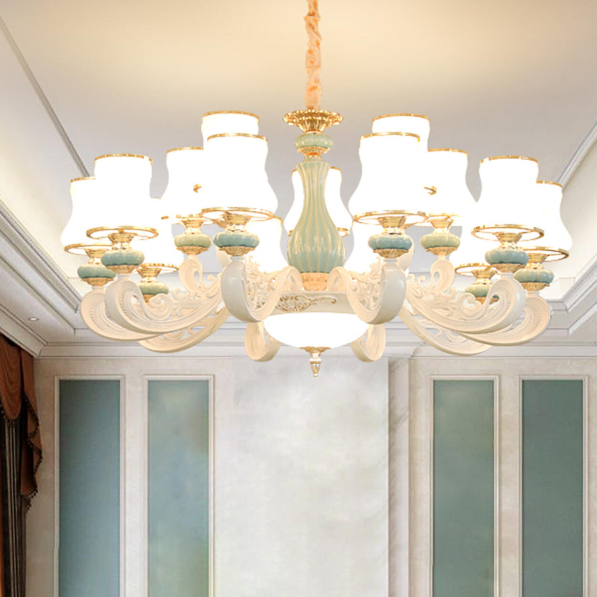 8-Light Elegant Vintage Blue Porcelain Chandelier Image - 12