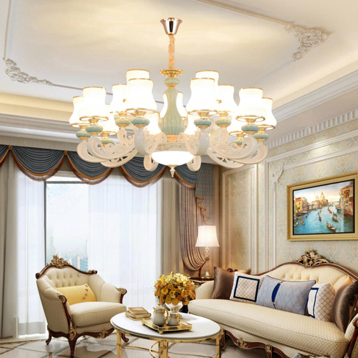 8-Light Elegant Vintage Blue Porcelain Chandelier Image - 13