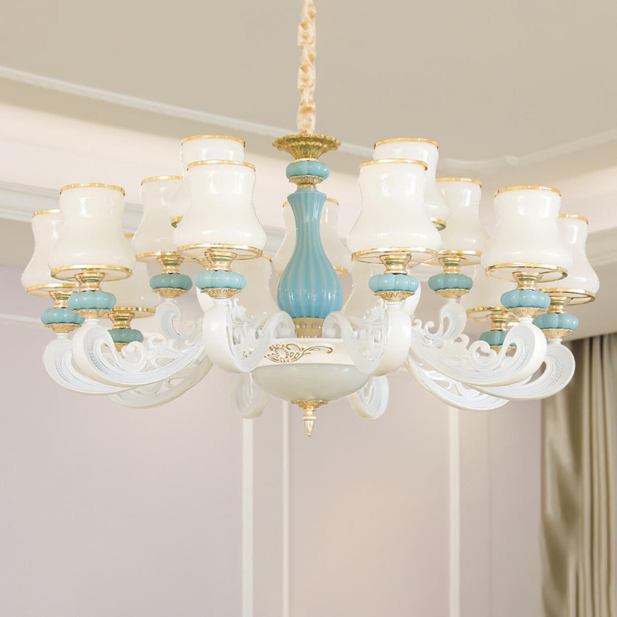 8-Light Elegant Vintage Blue Porcelain Chandelier Image - 15