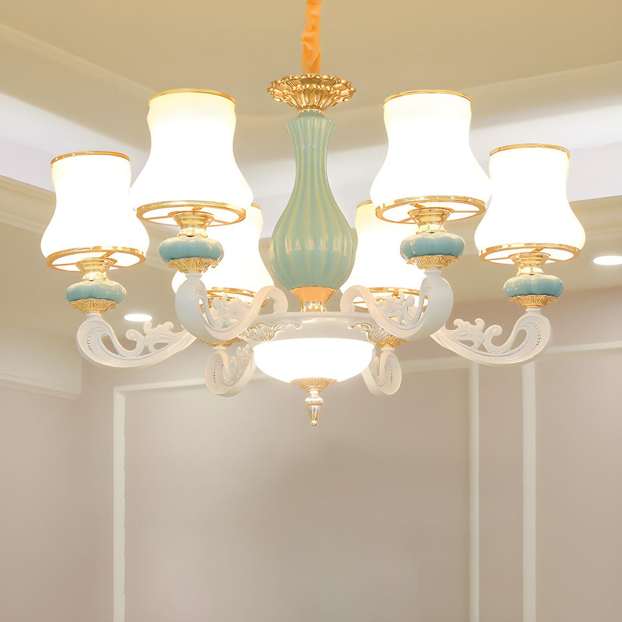 8-Light Elegant Vintage Blue Porcelain Chandelier Image - 16