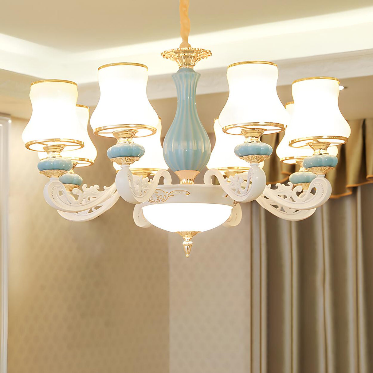 8-Light Elegant Vintage Blue Porcelain Chandelier Image - 17