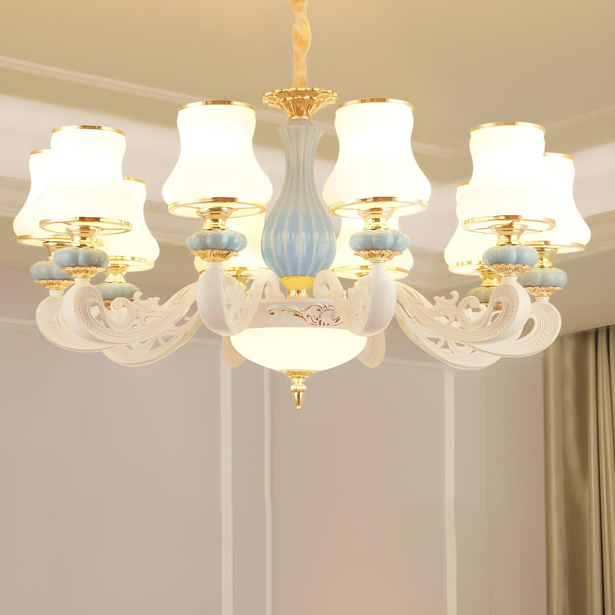8-Light Elegant Vintage Blue Porcelain Chandelier Image - 18