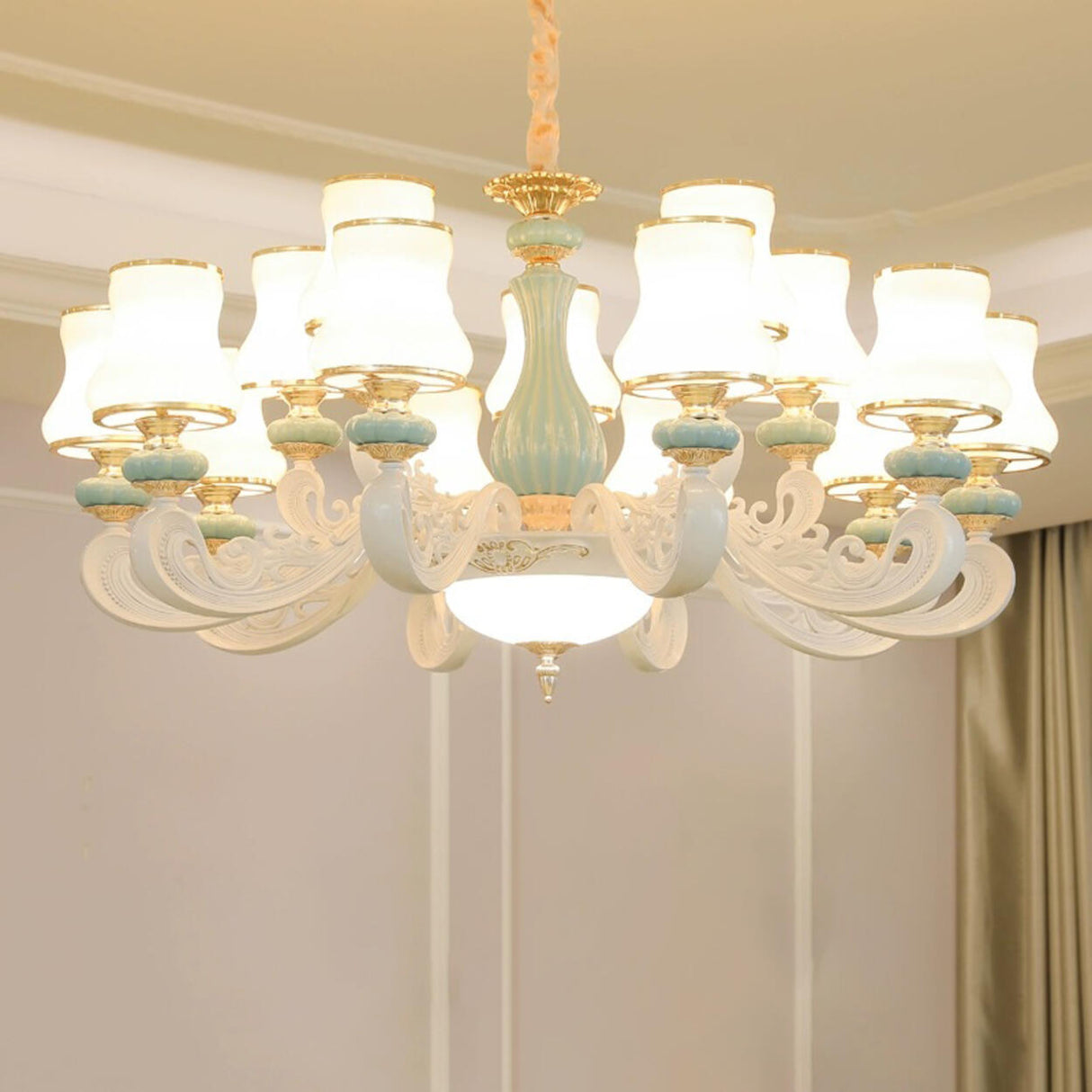 8-Light Elegant Vintage Blue Porcelain Chandelier Image - 19