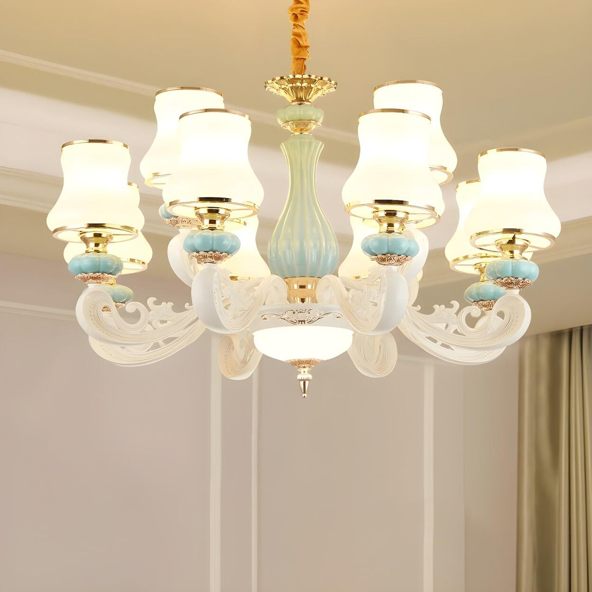 8-Light Elegant Vintage Blue Porcelain Chandelier Image - 20